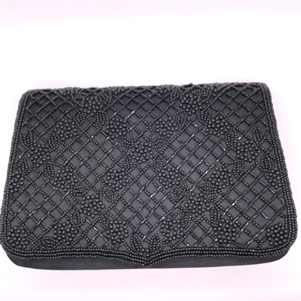 La Regale Ltd. Vintage Black Satin and Beaded Evening Clutch Purse Handbag